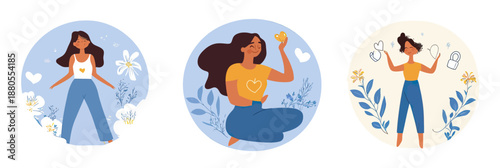 Happy confident woman meditation mindfulness self care relaxation acceptance inner peace wellness healthy mentality vector illustration set in minimalist flat style