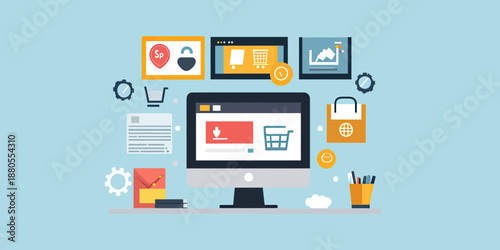 Online shopping and e-commerce concept with computer monitor, shopping cart icons, security lock, data analytics, email, and digital marketing elements in flat vector style