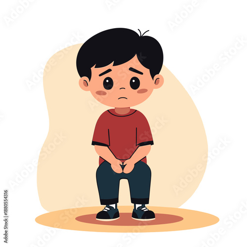 Sad upset young boy sitting alone with worried expression isolated cartoon vector illustration in simple flat style with soft background