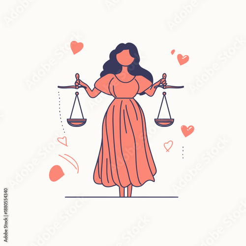 Illustration of woman in flowing pink dress holding balanced scales with heart shapes around, symbolizing fairness and love in minimalist style