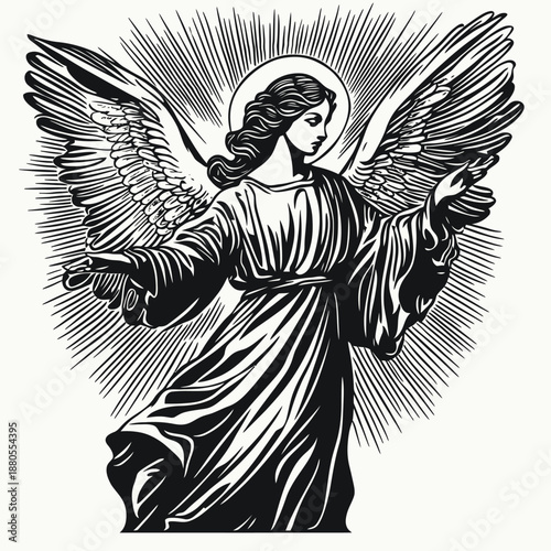 Vintage woodcut style black and white angel with outstretched wings and halo, radiant divine figure in flowing robe, religious spiritual symbolism vector illustration