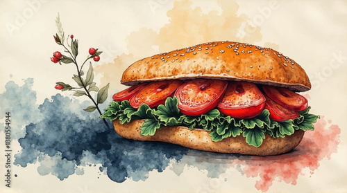 a sandwich with tomatoes lettuce and a small plant nearby high quality professional detailed modern elegant stylish clean crisp vibrant colorful digital creative innovative