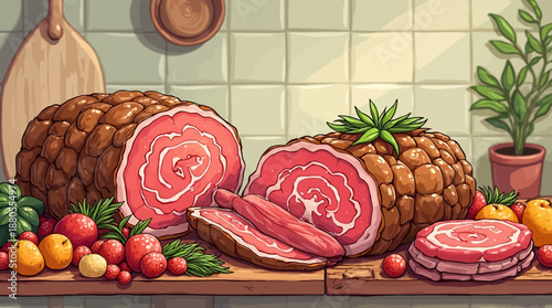 a kitchen counter with cured meats and various fruits and vegetables high quality professional detailed modern elegant stylish clean crisp vibrant colorful digital creative