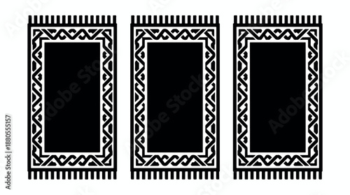 Three black and white prayer rugs with intricate patterns.