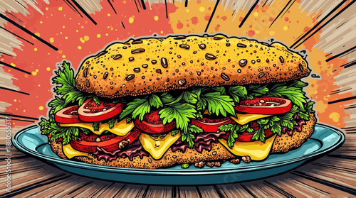 a large sandwich on a blue plate with vegetables and cheese high quality professional detailed modern elegant stylish clean crisp vibrant colorful digital creative