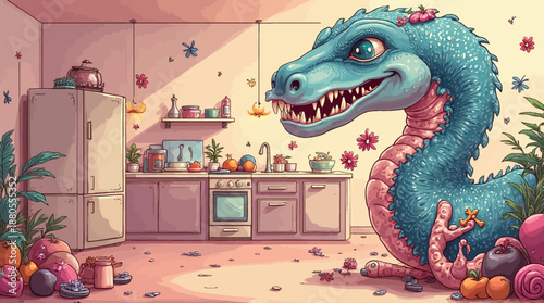 a large blue and pink dragon in a kitchen with flowers high quality professional detailed modern elegant stylish clean crisp vibrant colorful digital creative
