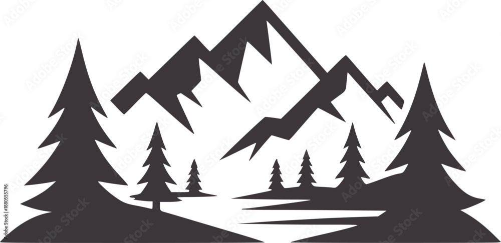 Obraz premium Minimalist black and mountain landscape with pine trees and a lake