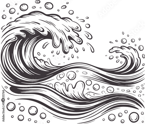 Large crashing waves with splashing water droplets in black and