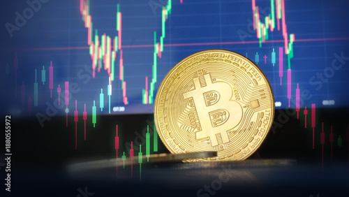 Close up golden bitcoin digital gold currency