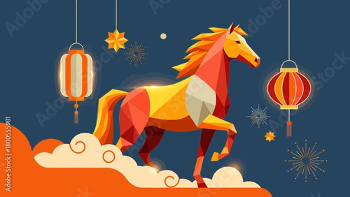 Stylized Geometric Horse Design with Lunar New Year Decorations
