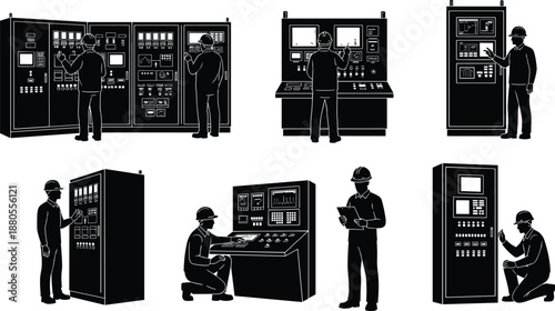 Black and white vector illustration of industrial control room technicians, electrical engineers operating automation panels and monitoring equipment silhouettes isolated on white background,