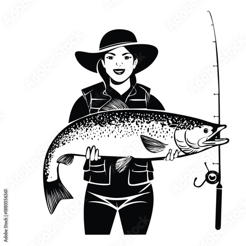 Fisherman holding a big freshwater fish on a fishing rod near a river or lake