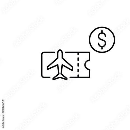Airplane ticket and dollar sign. Flight prices, low-cost and upgrades. Pixel perfect, editable stroke vector icon