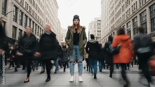 Young Woman Standing Still in Busy City Street with Motion Blurred People Rushing Past, Concept of Solitude and Focus in a Fast-Paced Urban Environment 4k video
