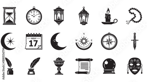 Occult Symbols Collection in Simple Black Silhouette Style on White Background for Mystical Design