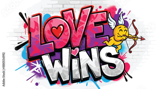 Graffiti illustration of Cupid with bow and arrow on brick wall