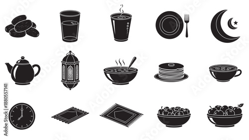 Ramadan Iftar Icons Set with Food and Drinks