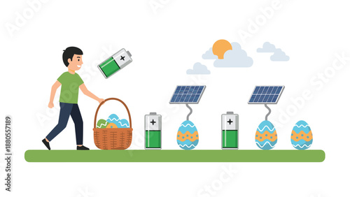 Man collecting Easter eggs powered by solar energy and batteries, Generative AI.