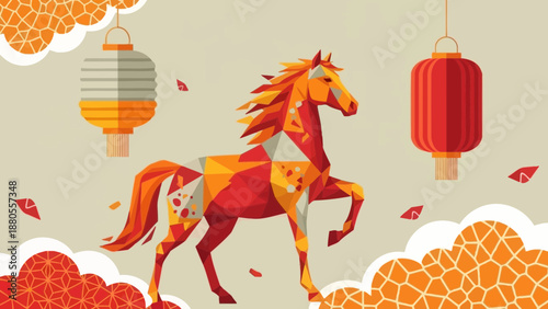 Geometric Horse Symbol in Festive East Asian Cultural Celebration Setting