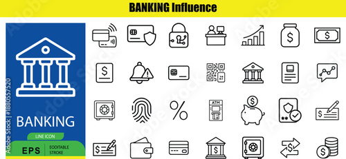 Set of banking including bank building, cards, security, and financial symbols Outline