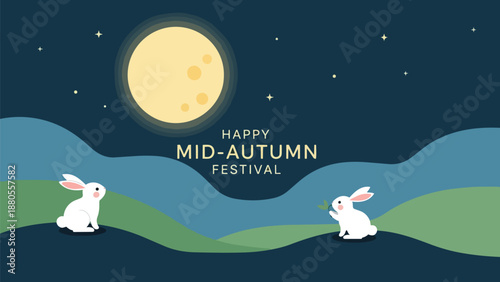 Rabbits jumping over hills under a full moon at night during Mid-Autumn Festival celebration vector