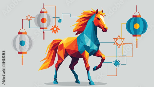 Abstract Low Poly Horse with Asian Lanterns Geometric Design
