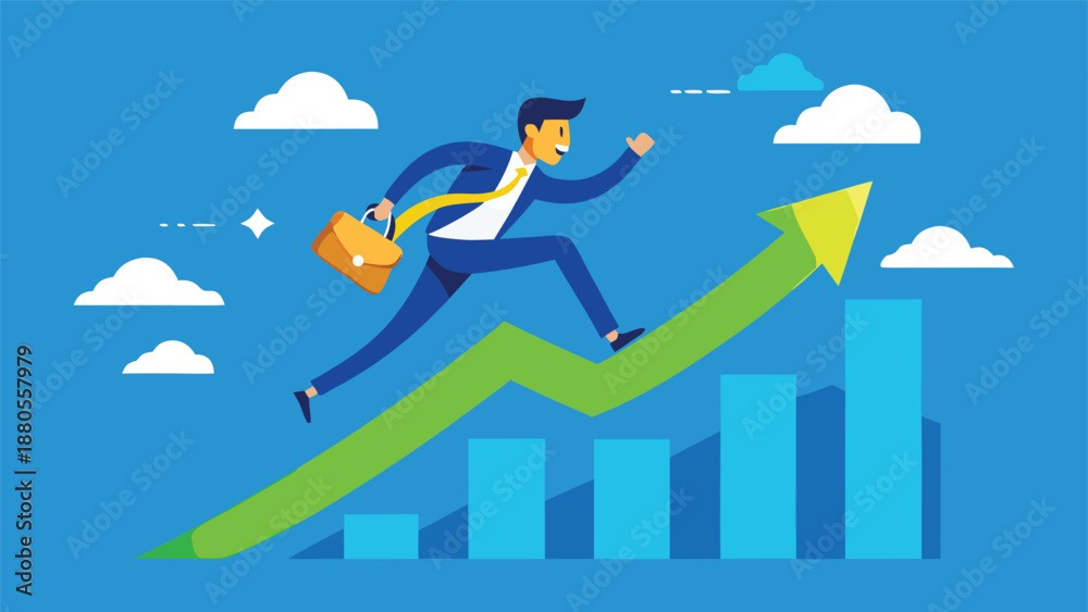 Fototapeta premium Businessman ascending a graph chart, illustrating dynamic growth and ambition in a professional setting..eps