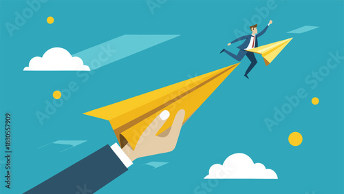 Businessman navigating a paper airplane, with arrows pointing ahead, representing ambition and future goals..eps