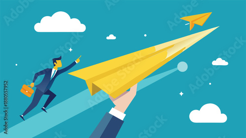 Businessman riding a paper airplane, with arrows indicating progress and direction towards the future..eps