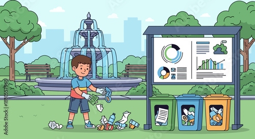 Boy throwing trash into recycling bin 4.