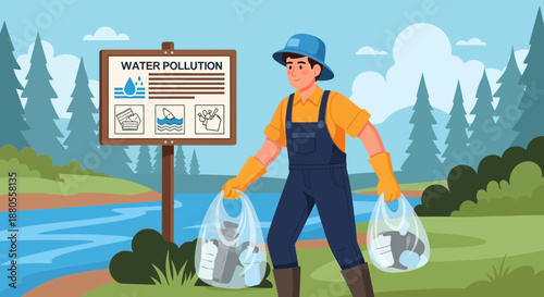 Man holding plastic waste bags outdoors.