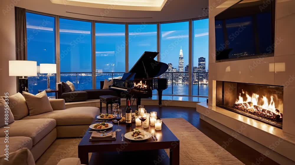 Luxury Penthouse Living Room with Grand Piano and City Skyline at Dusk ...
