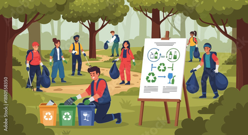 People collecting recyclable materials outdoors.