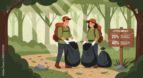 Two people picking up trash outdoors.