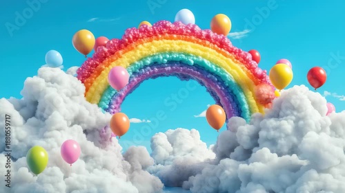 Colorful balloons and a vibrant rainbow amidst fluffy clouds under a clear blue sky create a whimsical atmosphere