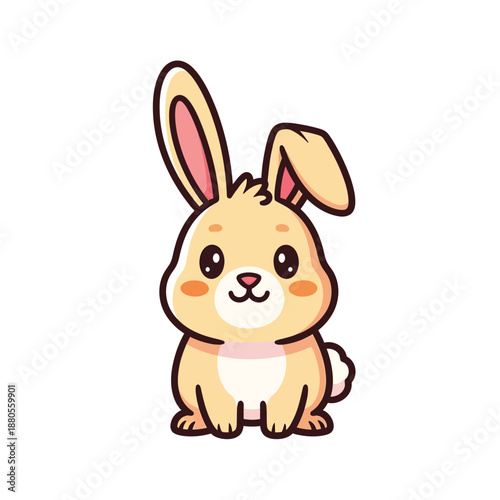 A cute cartoon rabbit sits on the ground with one ear raised.