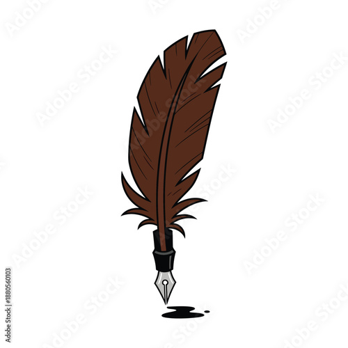Brown feather quill pen with ink nib writing instrument