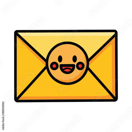A yellow envelope with a smiling face emoji on it is depicted in a simple illustration style.