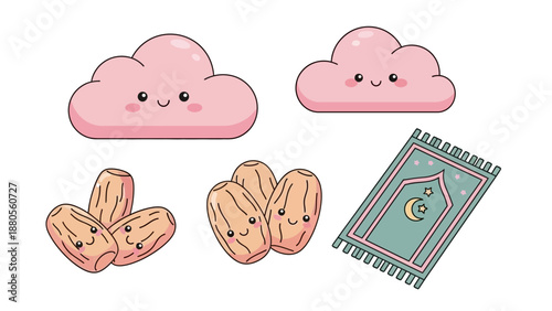 Cute Islamic Ramadan Icons: Dates, Prayer Mat, and Pink Clouds