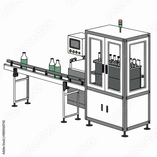 Modern beverage bottling automation system, ensuring efficient, high-speed production and quality control in the food industry.