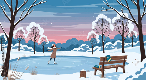 Woman Ice Skating on Frozen Pond in Winter Landscape