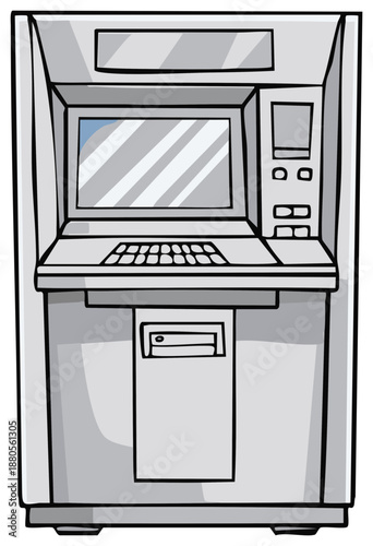 Cartoon illustration of a grey ATM, Automated Teller Machine, for transactions like deposits and withdrawals of cash