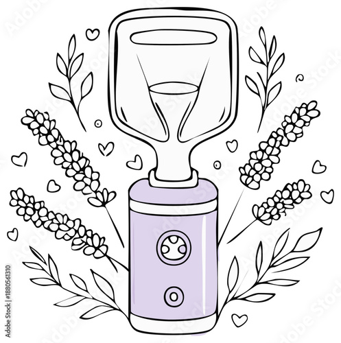 Cute illustration of a water cooler with lavender and heart decorations for a home spa