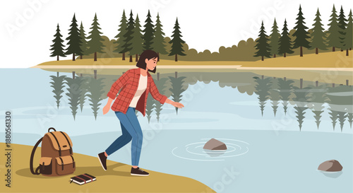 Woman Skipping Stones on a Serene Lake Shore