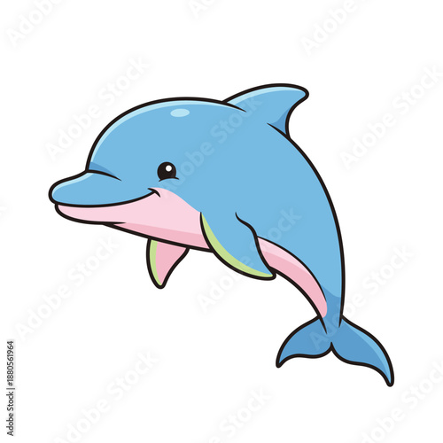 A cartoon dolphin swims happily in the ocean with a smile on its face.