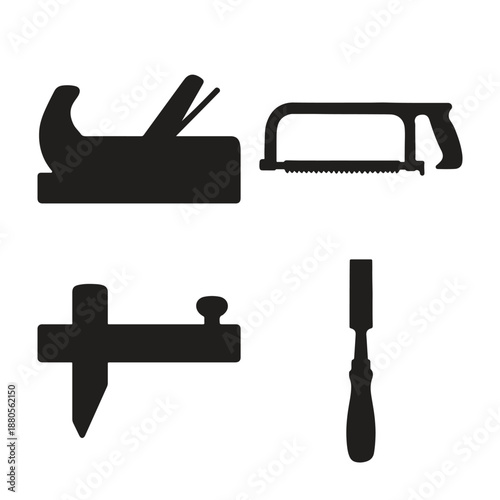 Black silhouettes of woodworking tools on white background 1