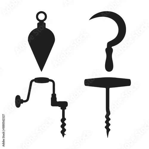 Black silhouettes of four different types of screw extractors tools hardware