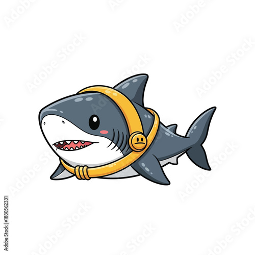 A cartoon shark illustration wearing yellow headphones on a white background happily.