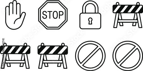 Set of 8 Black and White Outline Restriction and Prohibition Icons Vector