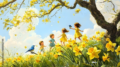 Joyful Children Dancing Among Daffodils Under Bright Blue Sky